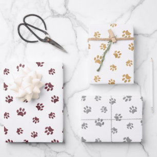 Rose Gold, Gold and Silver Glitter Paw Prints Wrapping Paper Sheets