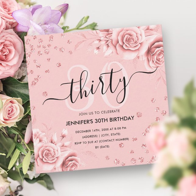 Rose Gold Gold Floral Glitter 30th Birthday Script Invitation (Rose Gold Gold Floral Glitter 30th Birthday Script Invitation)