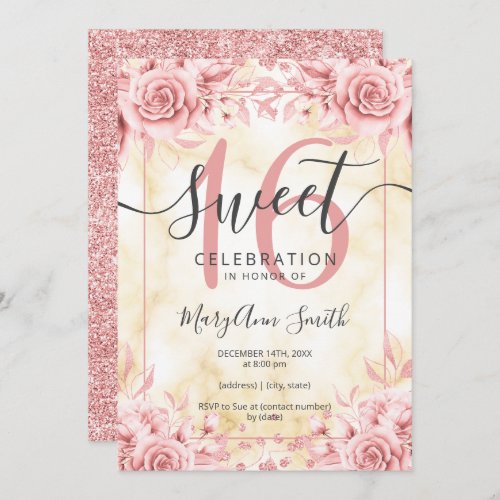 Rose Gold  Gold Floral Sweet 16 Marble Glitter  Invitation