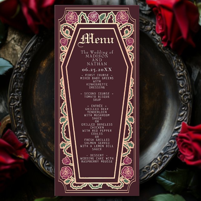 Rose Gold Gothic Coffin Rose Red Wedding Menu (Creator Uploaded)