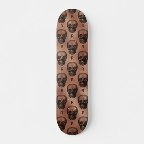 Rose Gold Gothic Skull  Monogram Pattern Elegant Skateboard
