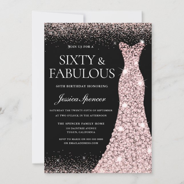Rose Gold Gown Black Sixty Fabulous 60th Birthday Invitation (Front)