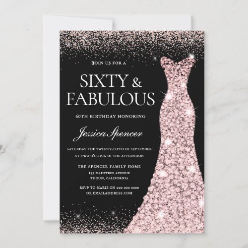 Rose Gold Gown Black Sixty Fabulous 60th Birthday Invitation