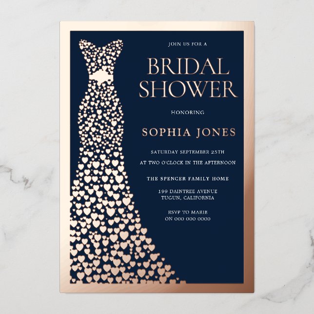 Rose Gold Gown & Border Navy Bridal Shower  Foil Invitation (Front)