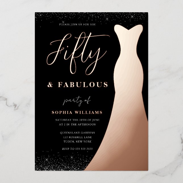 Rose Gold Gown Fifty & Fabulous 50th Birthday Real Foil Invitation (Front)