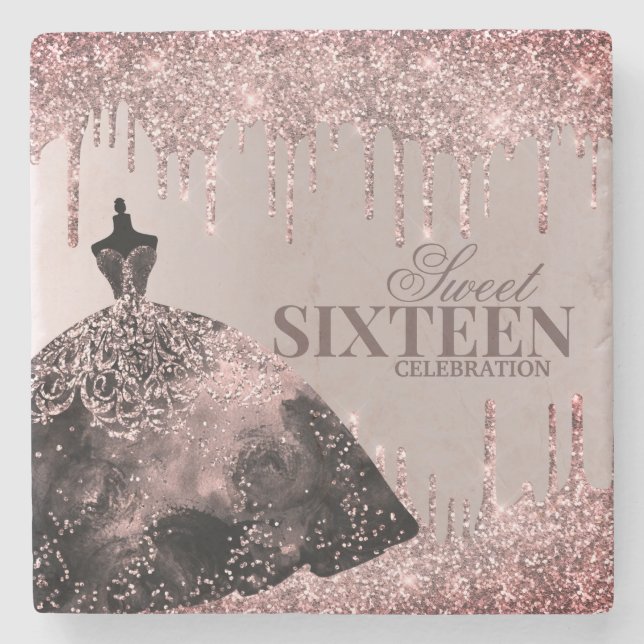 Rose Gold Gown Glitter Spark Drips Sweet 16 Celebr Stone Coaster (Front)