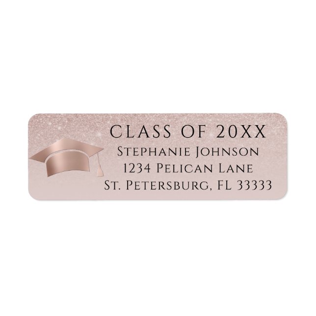 Rose Gold Grad Cap Blush Glitter Return Address Label (Front)