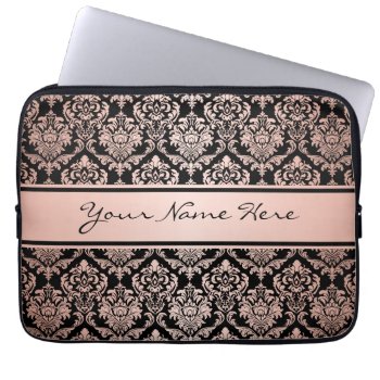 Rose Gold Gradient | Damask Pattern On Black Laptop Sleeve by suchicandi at Zazzle