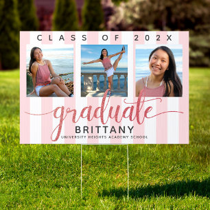Rose gold graduation 3 photo glitter script yard sign