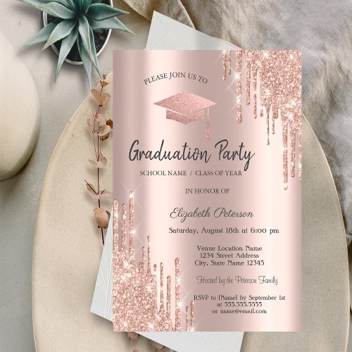 Rose Gold Graduation Cap Glitter DripsGraduation Invitation
