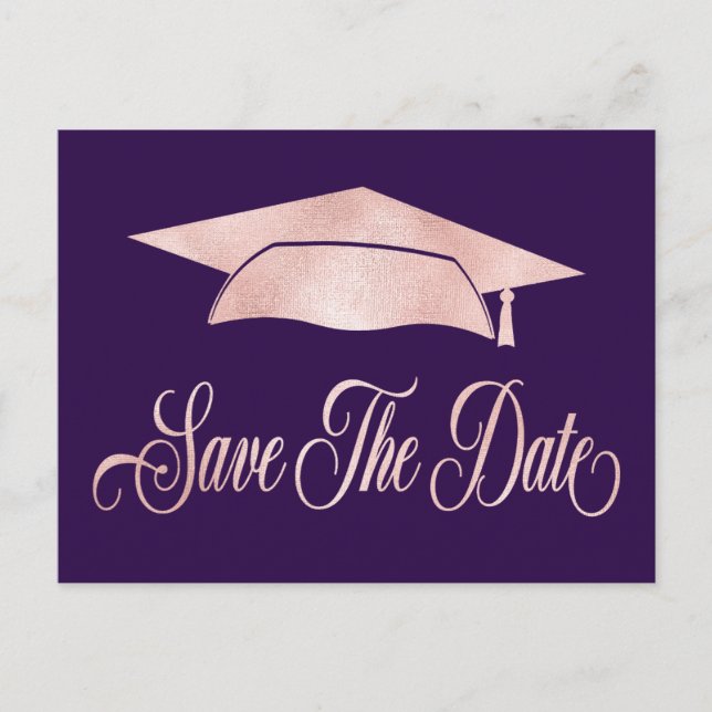 Rose Gold Graduation Cap Save The Date Purple Announcement Postcard (Front)