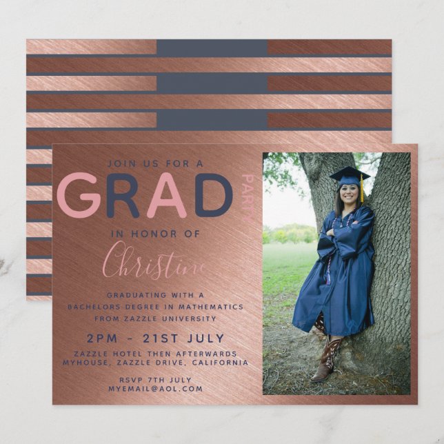 Rose Gold GRADUATION PHOTO invitation Navy (Front/Back)