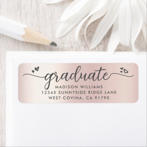 Rose Gold Graduation Script Hearts Modern Address Label