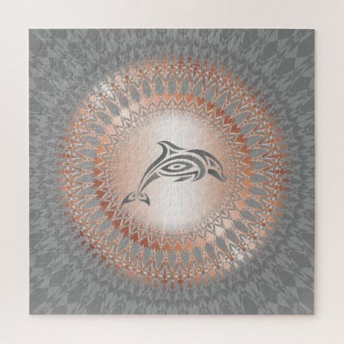 Rose Gold Gray Dolphin Mandala Jigsaw Puzzle