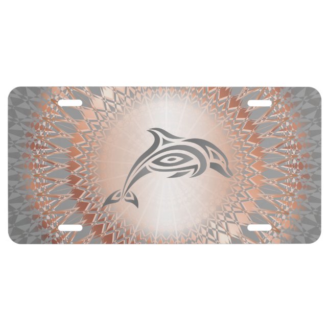 Rose Gold Gray Dolphin Mandala License Plate (Front)