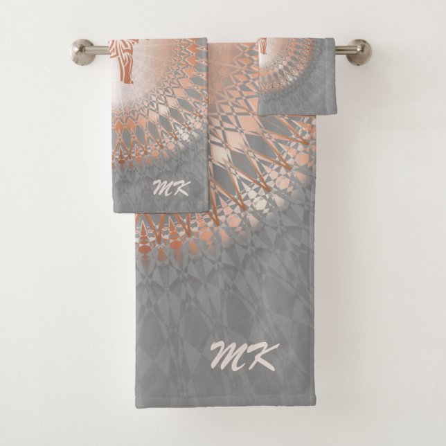Rose Gold Gray Elephant Mandala Initials Bath Towel Set (Insitu)