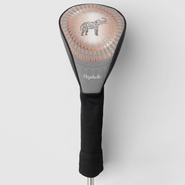 Rose Gold Gray Elephant Mandala Monogram Golf Head Cover (Front)