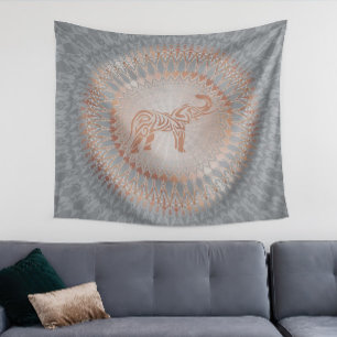 Rose Gold Gray Elephant Mandala Tapestry