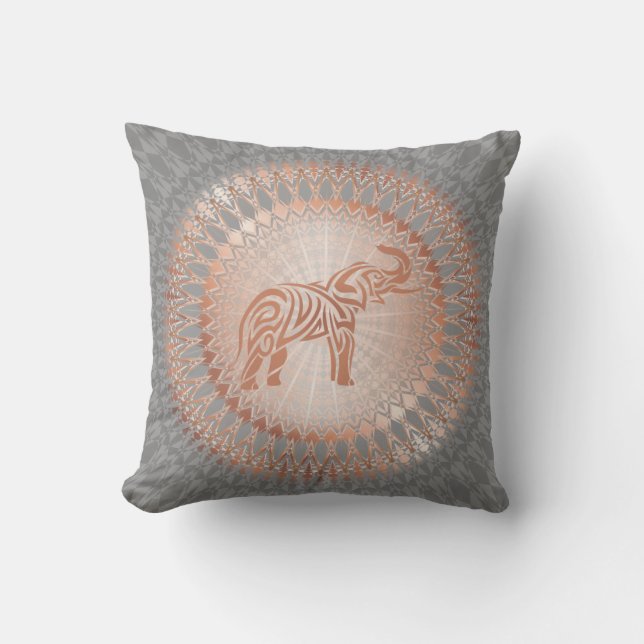Rose Gold Gray Elephant Mandala Throw Pillow (Front)