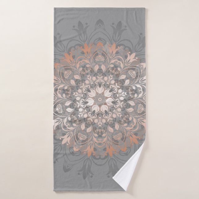 Rose Gold Gray Floral Mandala Bath Towel (Bath Towel)