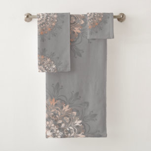 Rose Gold Gray Floral Mandala Bath Towel Set