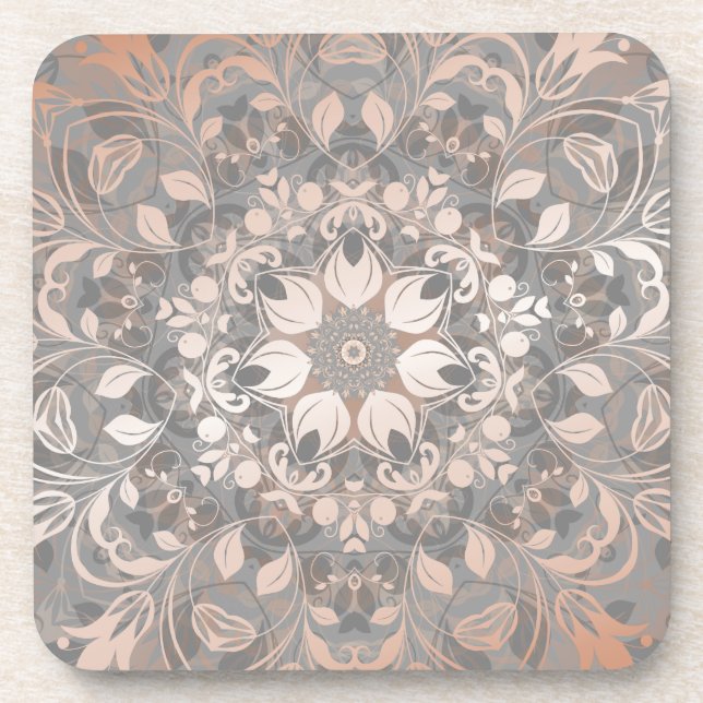 Rose Gold Gray Floral Mandala Beverage Coaster (Front)