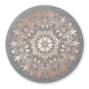 Rose Gold Gray Floral Mandala Ceramic Knob