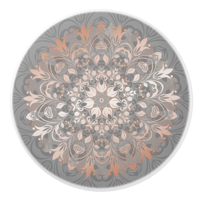 Rose Gold Gray Floral Mandala Ceramic Knob (Front)