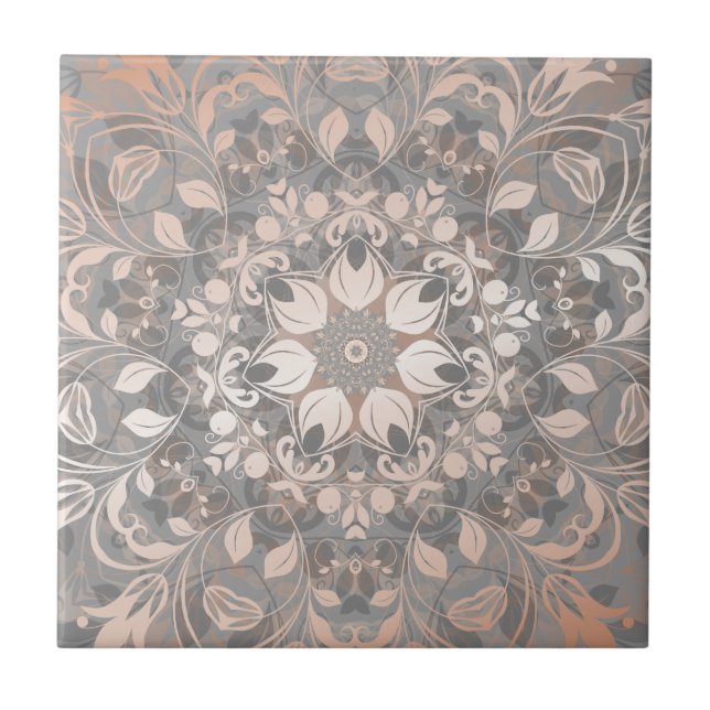 Rose Gold Gray Floral Mandala Ceramic Tile (Front)