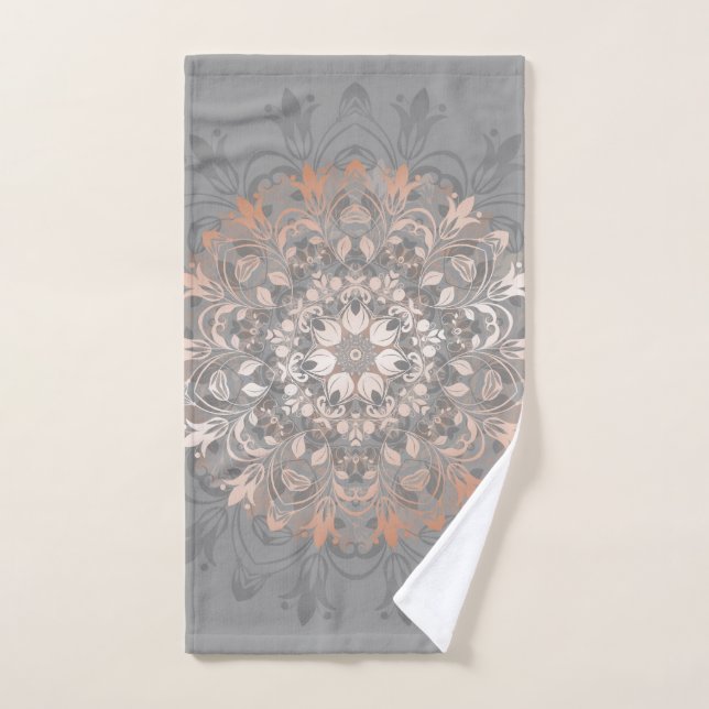 Rose Gold Gray Floral Mandala Hand Towel (Hand Towel)