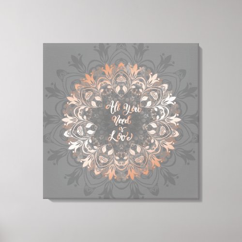 Rose Gold Gray Floral Mandala Love Canvas Print