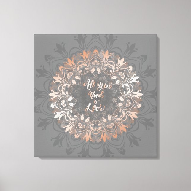 Rose Gold Gray Floral Mandala Love Canvas Print (Front)
