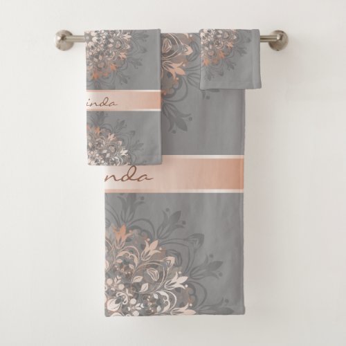Rose Gold Gray  Floral Mandala  Monogram Bath Towel Set