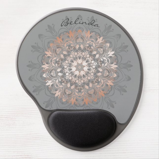 Rose Gold Gray Floral Mandala Monogram Gel Mouse Pad (Front)