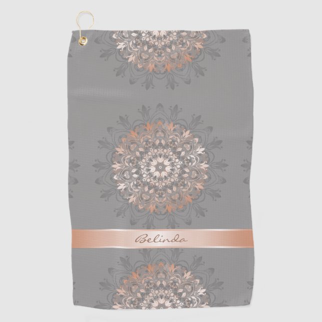 Rose Gold Gray Floral Mandala Monogram Golf Towel (Front)