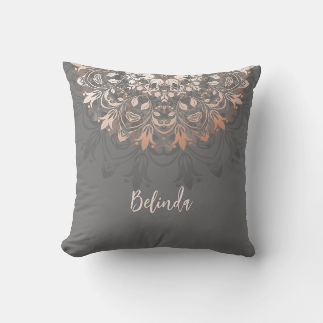 Rose Gold  Gray Floral Mandala Monogram Throw Pillow (Front)