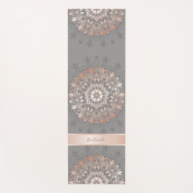 Rose Gold Gray Floral Mandala Monogram  Yoga Mat (Front)