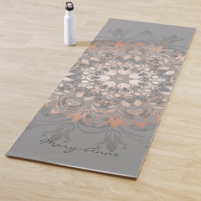 Rose Gold Gray Floral Mandala Monogram Yoga Mat (In Situ)