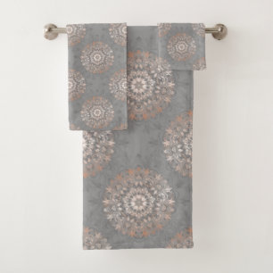 Rose Gold Gray Floral Mandala Pattern Bath Towel Set