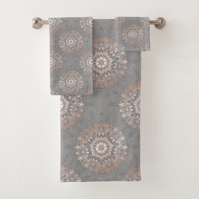 Rose Gold Gray Floral Mandala Pattern Bath Towel Set (Insitu)