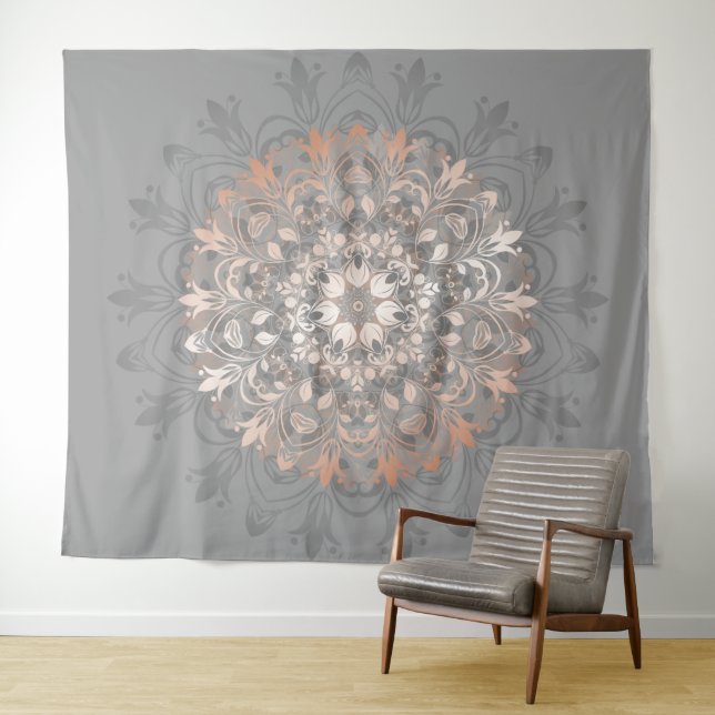 Rose Gold Gray Floral Mandala Tapestry (In Situ (Horizontal))