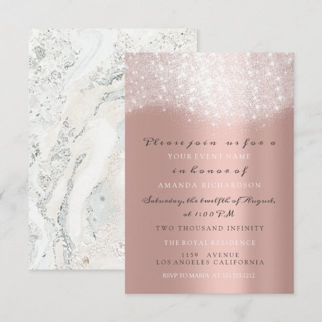 Rose Gold Gray Glitter Marble Confetti Elegant VIP Invitation (Front/Back)