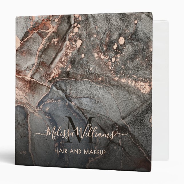 Rose Gold Gray Ink Marble Monogram  3 Ring Binder (Front/Inside)