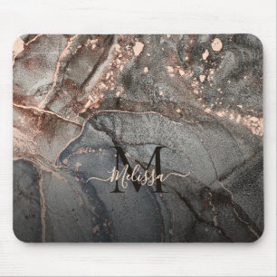 Rose Gold Gray Ink Marble Monogram Mouse Pad