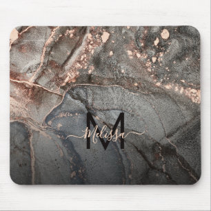 Rose Gold Gray Ink Marble Monogram  Mouse Pad