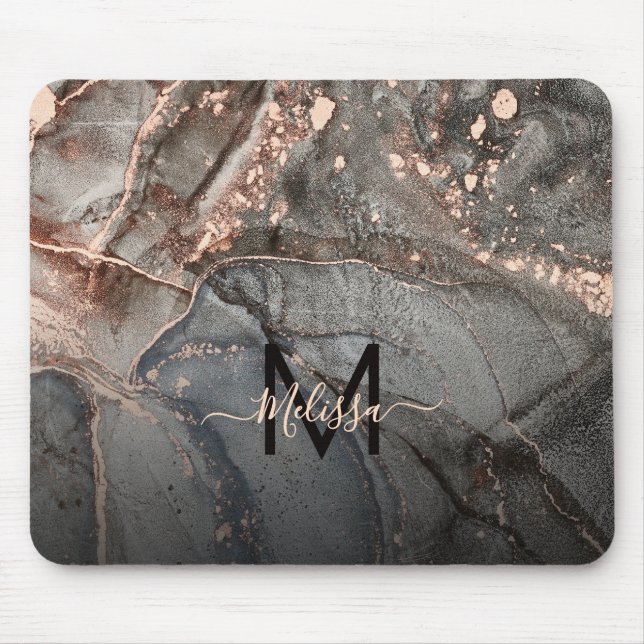 Rose Gold Gray Ink Marble Monogram  Mouse Pad (Front)