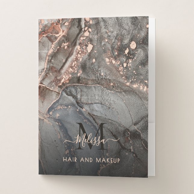 Rose Gold Gray Ink Marble Monogram  Pocket Folder (Front)