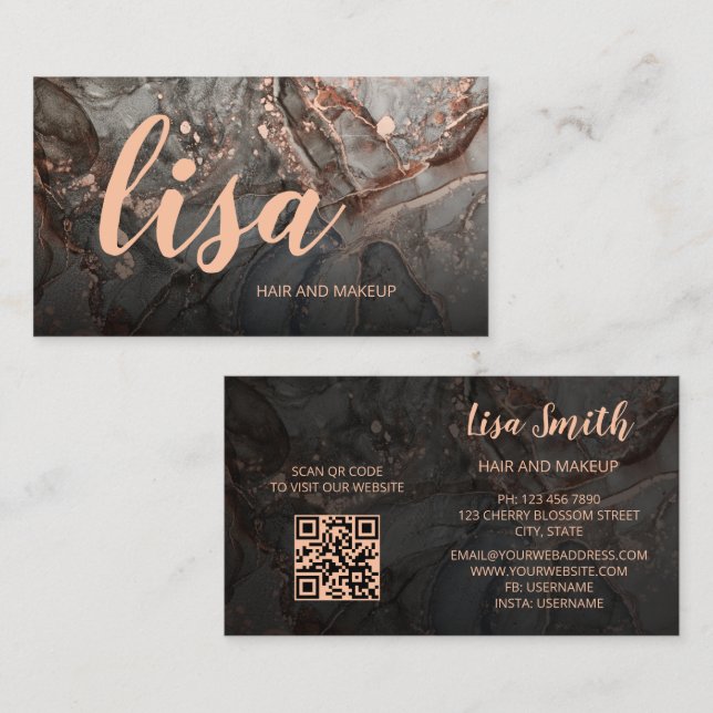 Rose Gold Gray Ink Marble Scan QR Code Business Ca Card (Front/Back)