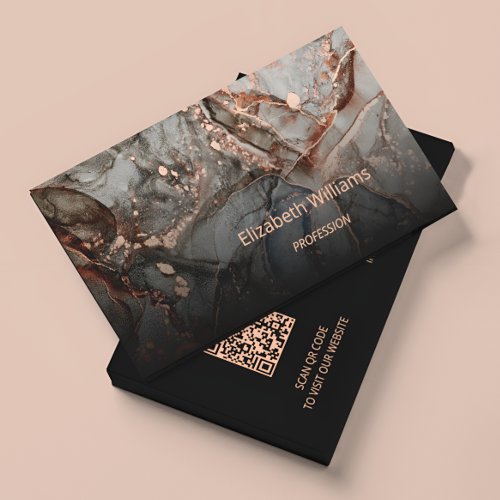 Rose Gold Gray Ink Marble Scan QR Code Business Card