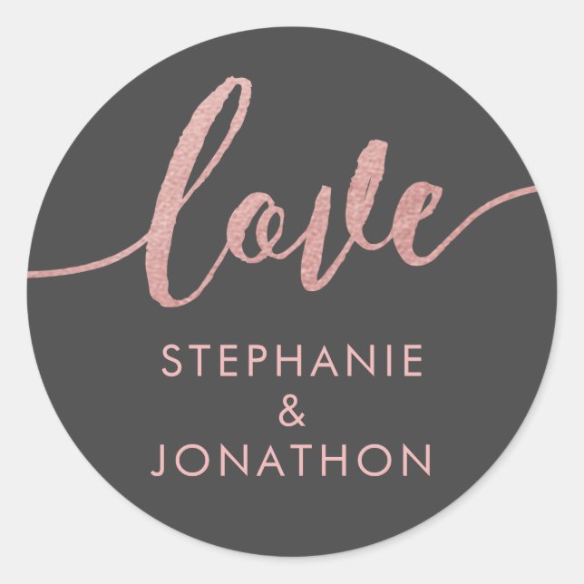 Rose Gold & Gray Love Script Names Favor Sticker (Front)